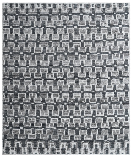Grey Geometric Hand Knotted Rug