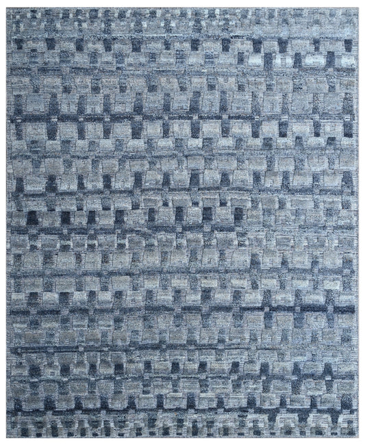 Blue Grey Geometric Hand Knotted Rug