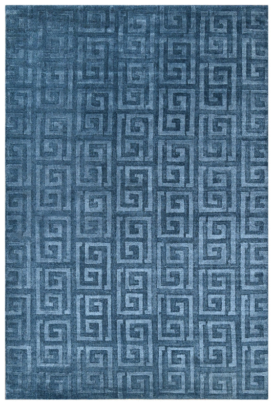 Navy Blue Greek Key Hand Woven Wool Area Rug