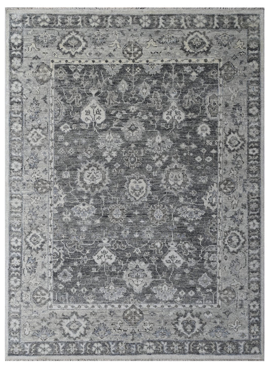 Grey Silver Distressed Traditional Hand Knotted Wool Rug