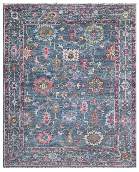 Decorative rug with floral patterns on a blue background