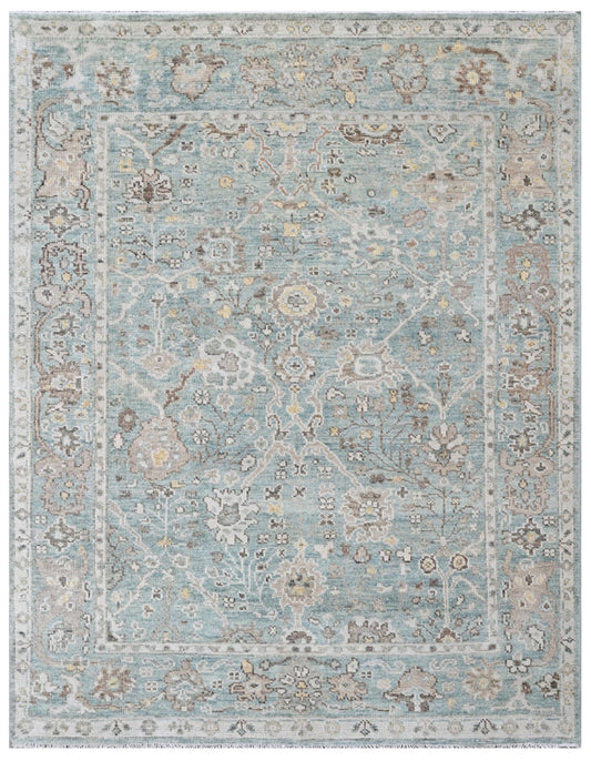 Sea Blue Off White Hand Knotted Wool Rug