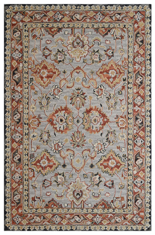Grey Brown Traditional Palmette Hand Tufted Wool Rug