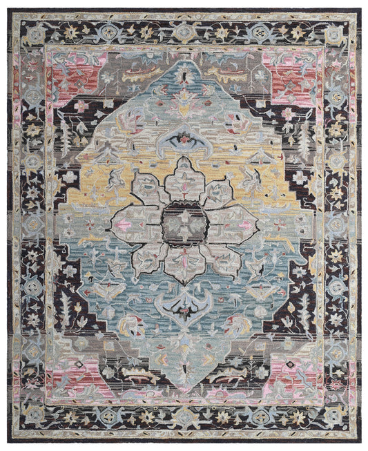 Light Blue Brown Medallion Hand Tufted Wool Area Rug