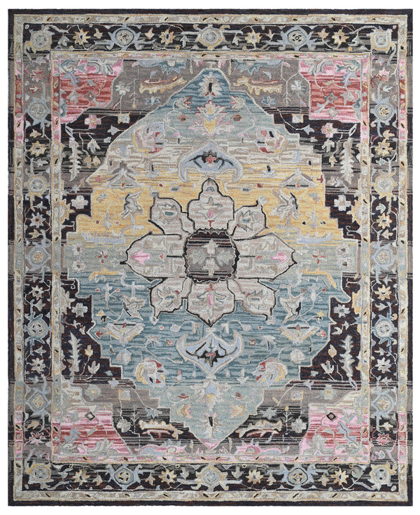 Light Blue Brown Medallion Hand Tufted Wool Area Rug