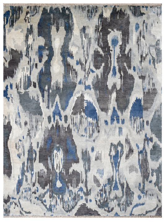 Beige Blue Ikat Hand Knotted Wool Area Rug