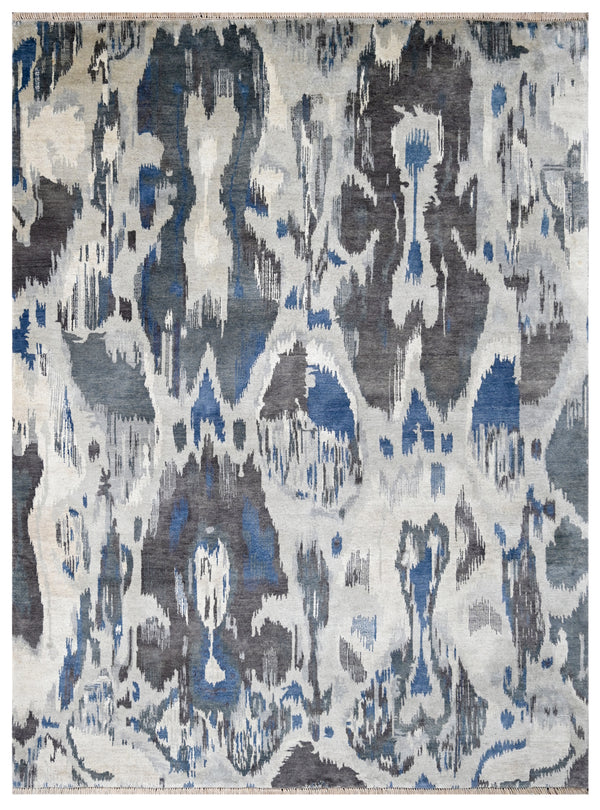 Beige Blue Ikat Hand Knotted Wool Area Rug