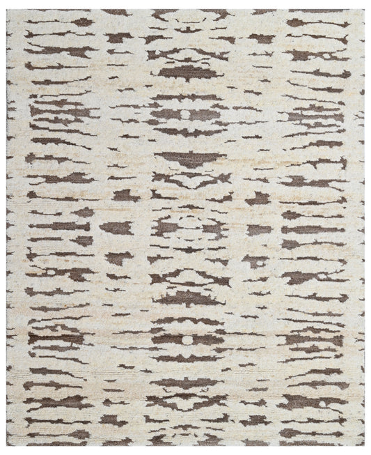 White Brown Abstract Hand Knotted Wool Area Rug