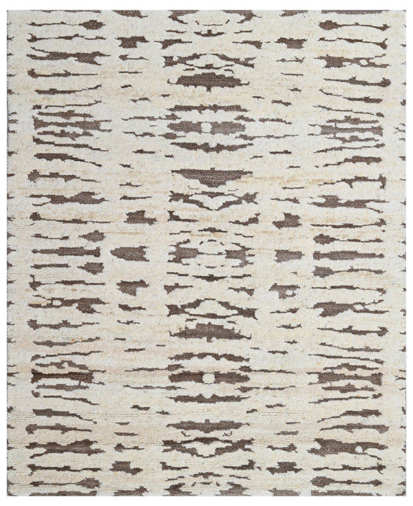 White Brown Abstract Hand Knotted Wool Area Rug