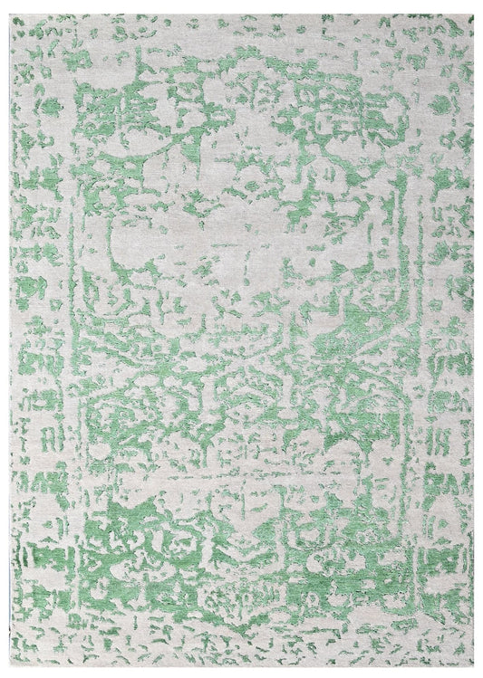 Beige Green Abstract Distressed Hand Knotted Rug
