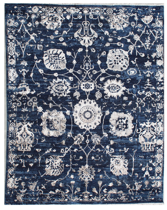Navy Silver Floral Hand Knotted Wool and Silk Rug