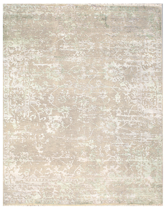 Soft Green Distressed Hand Knotted Wool and Silk Rug