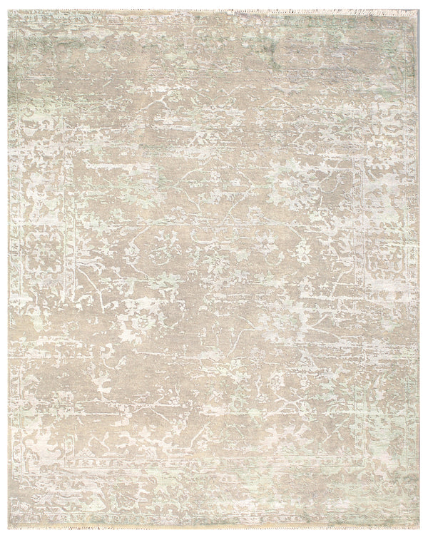 Soft Green Distressed Hand Knotted Wool and Silk Rug