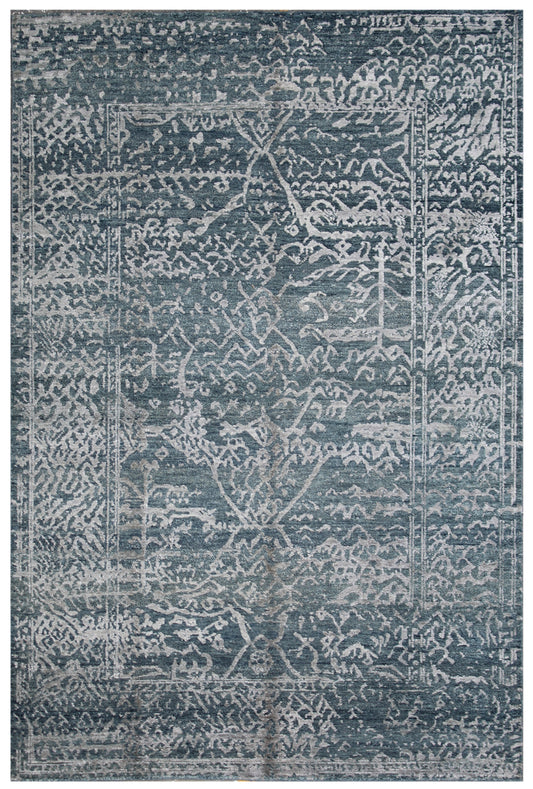 Navy Silver Distressed Hand Knotted Wool and Silk Rug