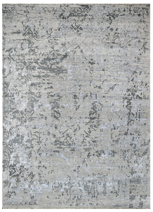 Silver Turquoise Abstract Hand Knotted Wool and Silk Rug