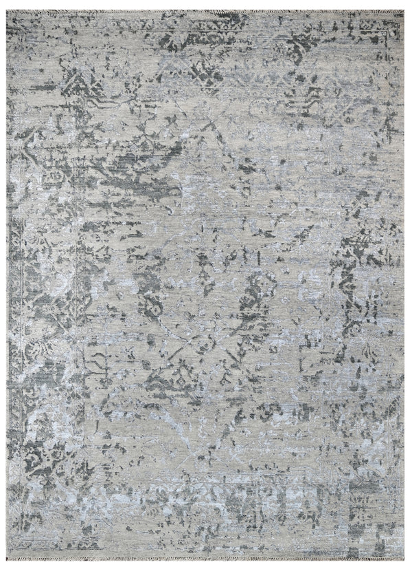 Silver Turquoise Abstract Hand Knotted Wool and Silk Rug