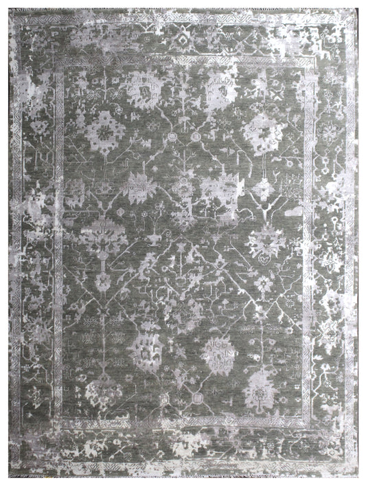 Silver Charcoal Distressed Hand Knotted Wool and Silk Rug