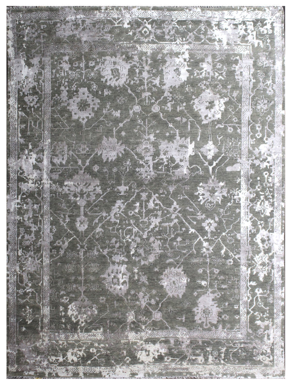 Silver Charcoal Distressed Hand Knotted Wool and Silk Rug