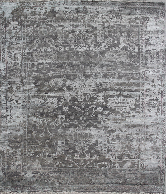 Grey Silver Vintage Hand Knotted Wool & Silk Rug