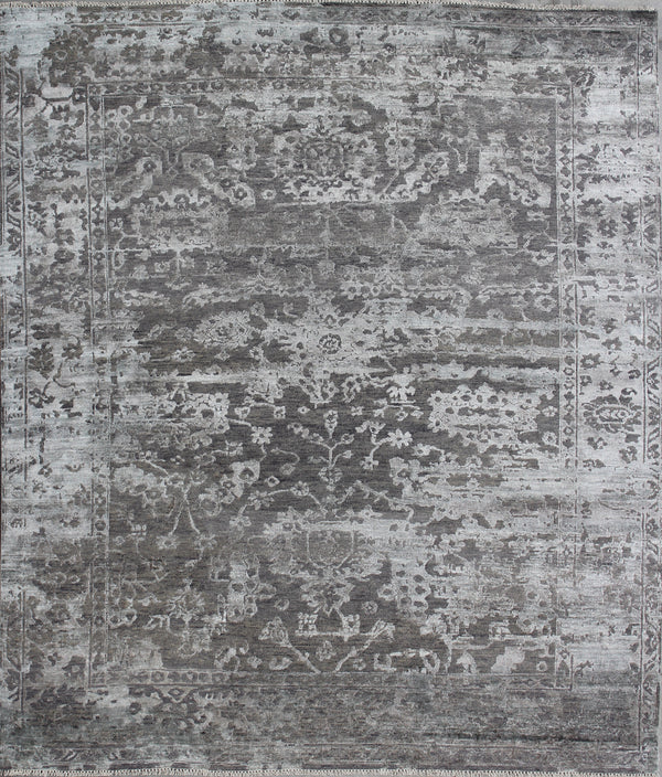 Grey Silver Vintage Hand Knotted Wool & Silk Rug