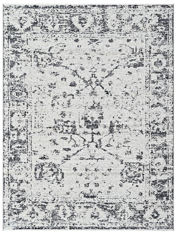 Vintage Pattern Black Ivory Wool Dhurrie