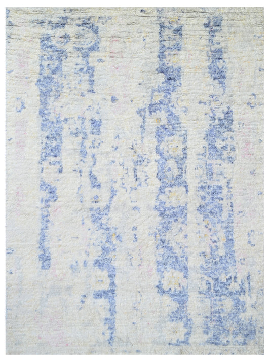 Lilac Blue Distressed Abstract Hand Knotted Wool Rug