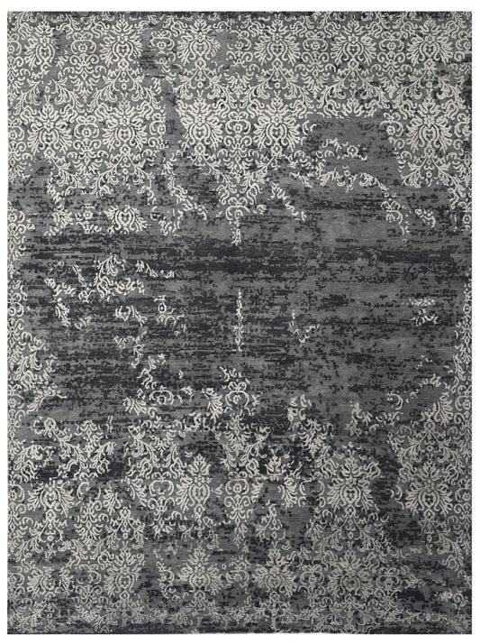 Grey Silver Erased Damask Hand Knotted Rug