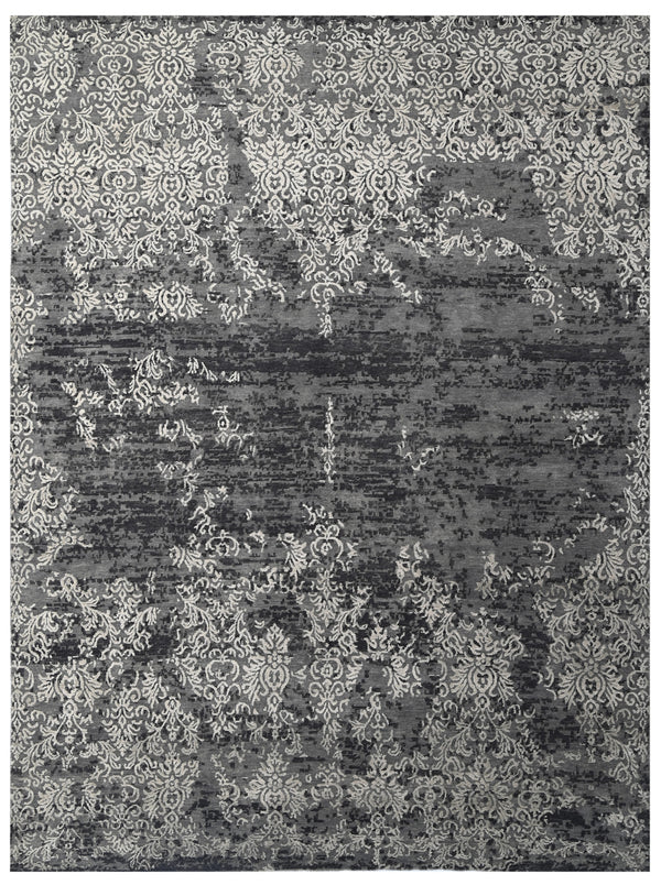 Grey Silver Erased Damask Hand Knotted Rug