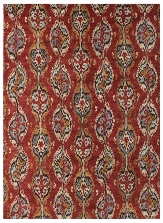 Red Ikat Hand Knotted Wool & Bamboo Silk Rug