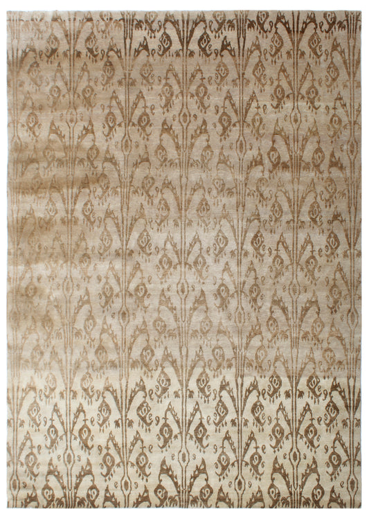 Beige Brown Ikat Hand Knotted Wool & Bamboo Silk Rug