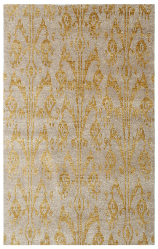 Beige Gold Ikat Hand Knotted Wool & Silk Rug