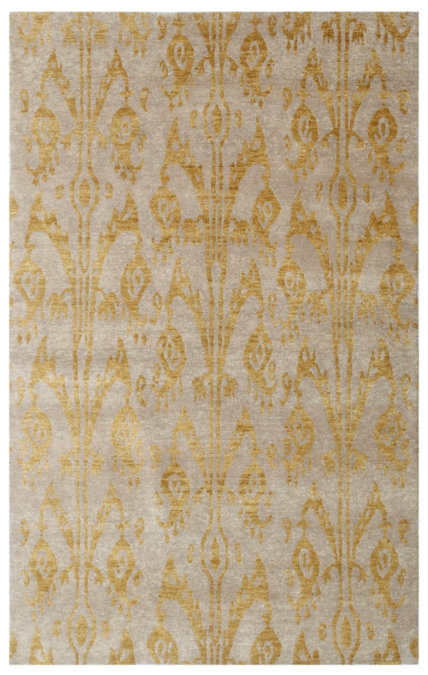 Beige Gold Ikat Hand Knotted Wool & Silk Rug
