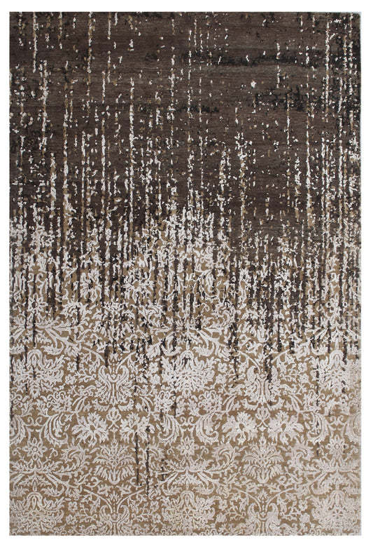 Brown Erased Damask Hand Knotted Wool & Bamboo Silk Rug