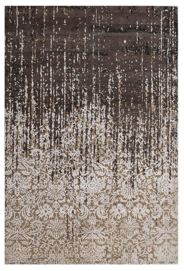 Brown Erased Damask Hand Knotted Wool & Bamboo Silk Rug
