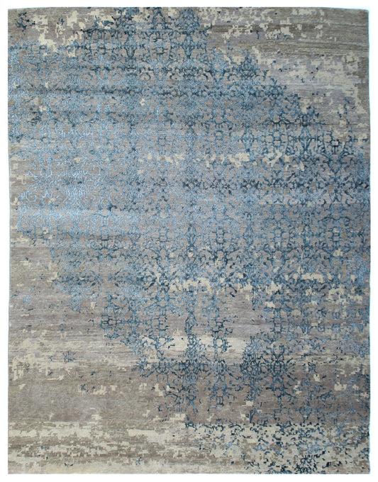 Grey Blue Erased Damask Hand Knotted Wool & Bamboo Silk Rug