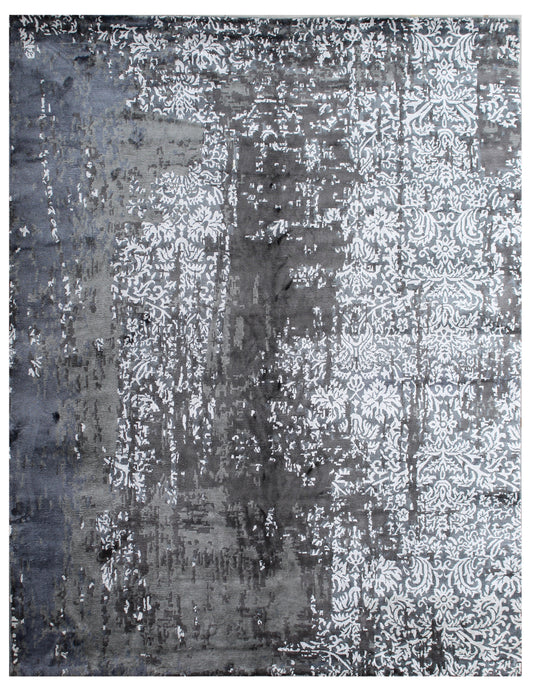 Grey Silver Abstract Erased Damask Hand Knotted Rug