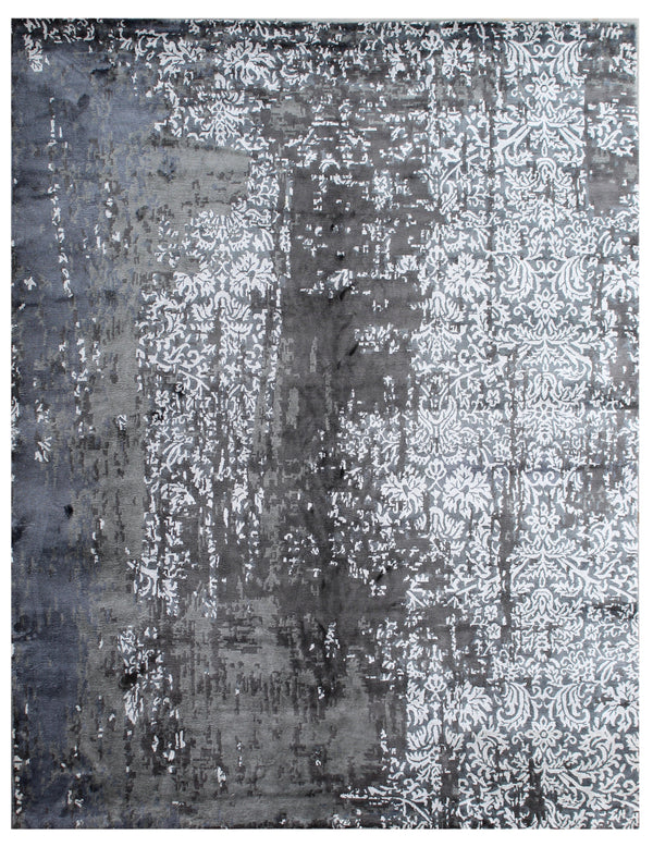 Grey Silver Abstract Erased Damask Hand Knotted Rug