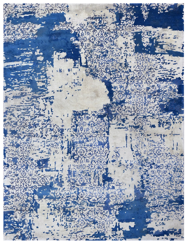 Beige Blue Abstract Distressed Hand Tufted Wool & Bamboo Silk Rug