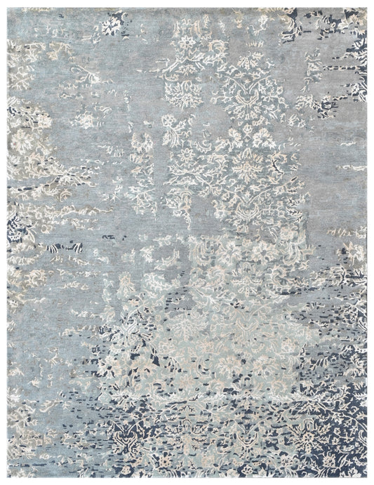 Grey Silver Abstract Distressed Hand Tufted Wool & Bamboo Silk Rug