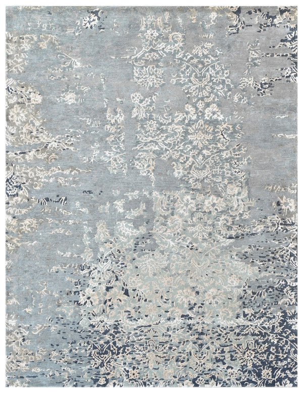 Grey Silver Abstract Distressed Hand Tufted Wool & Bamboo Silk Rug