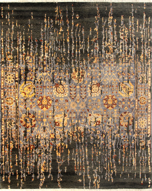 Black Abstract Hand Knotted Wool & Bamboo Silk Area Rug