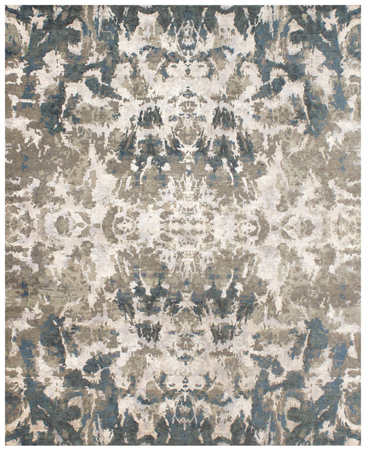 Silver Blue Beige Abstract Hand Knotted Rug