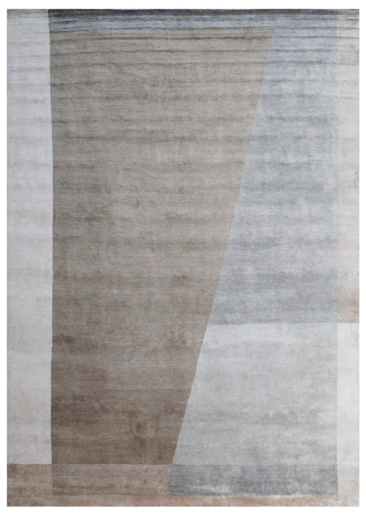 Beige Grey Abstract Geometric Hand Knotted Bamboo Silk Rug