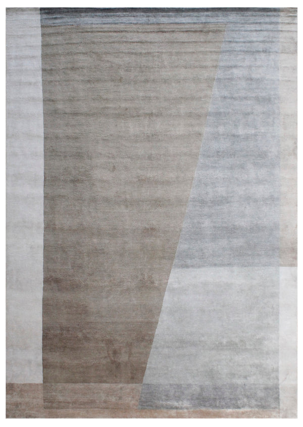 Beige Grey Abstract Geometric Hand Knotted Bamboo Silk Rug