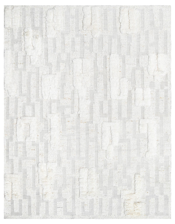 White Geometric Abstract Hand Woven Handcarded Wool Rug