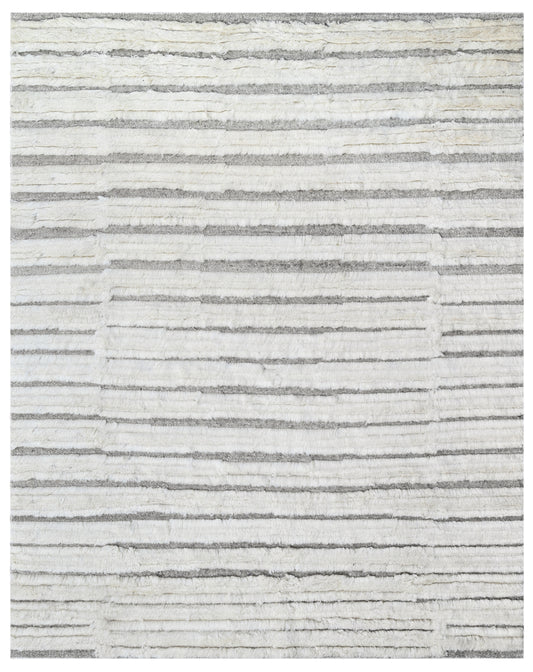 Taupe White Linear Striped Hand Woven Handcarded Wool Rug