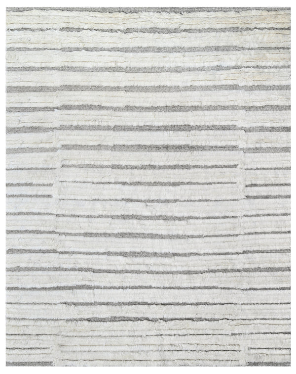 Taupe White Linear Striped Hand Woven Handcarded Wool Rug