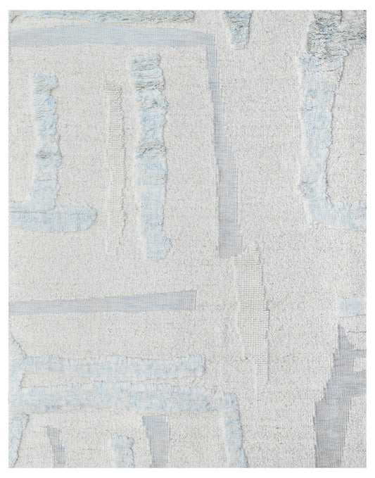 Blue White Abstract Hand Woven Handcarded Wool Rug