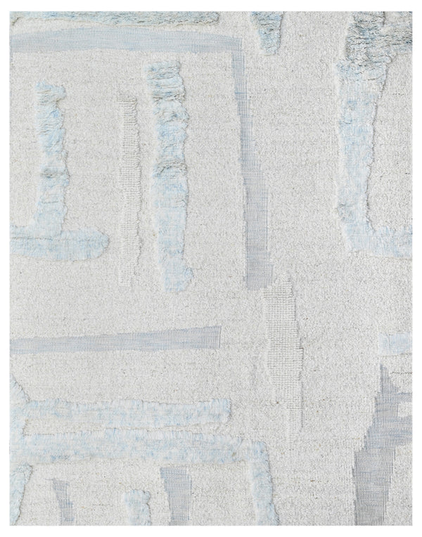 Blue White Abstract Hand Woven Handcarded Wool Rug