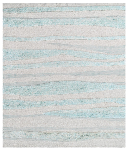 Teal White Wave Abstract Hand Woven Handcarded Wool Rug